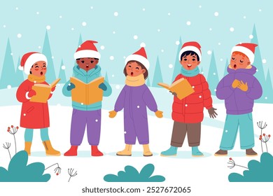 Children Christmas choir. Kids sing songs in winter landscape, boys and girls choristers in warm clothes, little vocalists. Merry Christmas, cartoon flat isolated illustration, vector concept