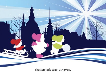 Children in the Christmas City.  All elements and textures are individual objects. Vector illustration scale to any size.