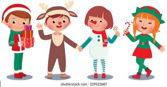 Children in Christmas costume characters celebrate Christmas/Children celebrating Christmas in Christmas Costumes/Illustration of children in costume deer and Santa Claus, snowman and elf