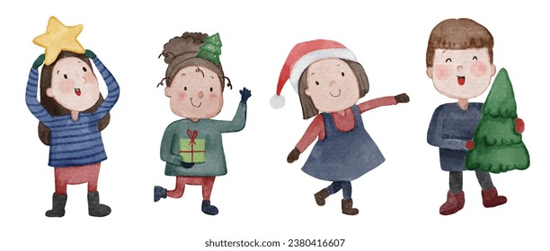 Children with christmas costume . Watercolor paint cartoon characters . Set 1 of 5 . Vector .