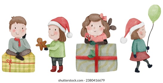 Children with christmas costume . Watercolor paint cartoon characters . Set 2 of 5 . Vector .