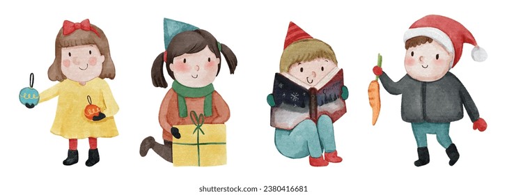 Children with christmas costume . Watercolor paint cartoon characters . Set 3 of 5 . Vector .