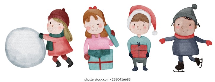 Children with christmas costume . Watercolor paint cartoon characters . Set 4 of 5 . Vector .