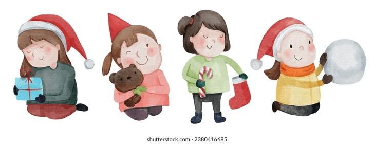 Children with christmas costume . Watercolor paint cartoon characters . Set 5 of 5 . Vector .