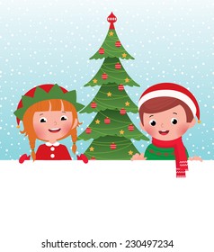 Children in Christmas Costumes elves and Santa Claus peeping from behind placard Stock vector illustration