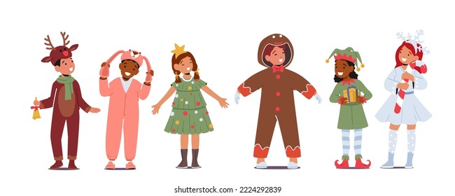 Children in Christmas Costumes, Girls and Boys Performing on School or Kindergarten Matinee. Elf, Snowflake, Rabbit, Fir-Tree and Reindeer with Gingerbread Man Characters. Cartoon Vector Illustration