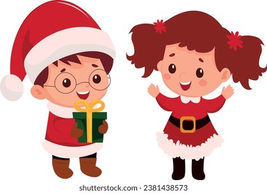 children in Christmas costumes. Illustration of Christmas concept kids figures dressed as Santa. children vector illustration. children at christmas. Set 