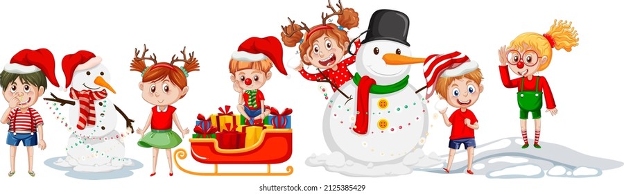 Children in Christmas costumes on white background illustration