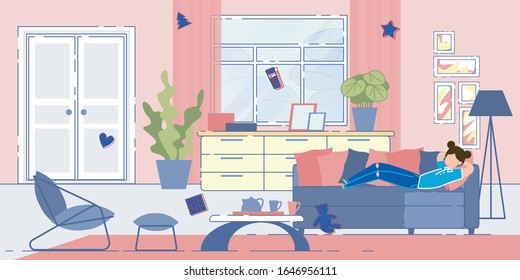 Children Christmas Holidays Vacations Lazy and Relaxing Days. Cute Teenage Girl Cartoon Character Laying on Couch in Winter Day. Children Nursery Room Interior Background. Flat Vector Illustration.
