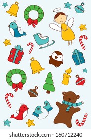 Children Christmas and New Year elements seamless background. Different holiday objects. Vector illustration.