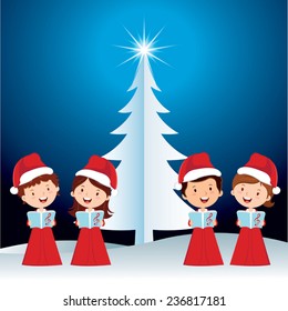 Children Christmas performance. Happy children singing Christmas carols with Christmas background.