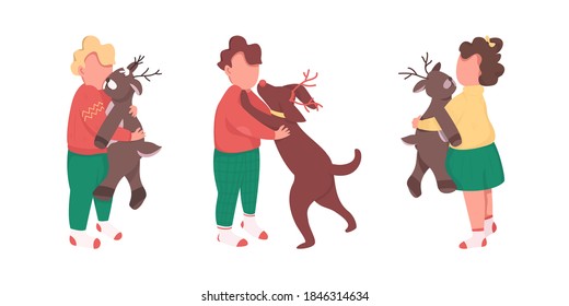 Children with Christmas presents flat color vector faceless character set. Boy with pet. Kids on winter holidays isolated cartoon illustration for web graphic design and animation collection