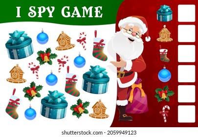 Children Christmas I spy educational game. Child math riddle, kids playing activity with search and count task. Santa character, gifts and Christmas tree ornaments, sweets, stocking cartoon vector