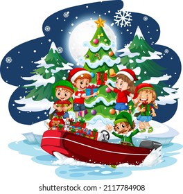 Children in Christmas theme at snowy night illustration