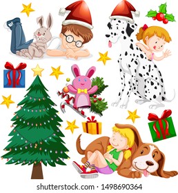 Children and christmas tree on white background illustration