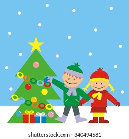 children and Christmas tree, vector illustration