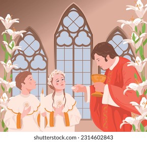 Children in the church during the first communion. The priest is holding bread. Vector illustration. A ceremony in the Christian tradition, a member of the church receives the Eucharist.