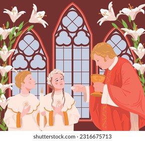 Children in the church during the first communion. The priest is holding bread. Vector illustration. A ceremony in the Christian tradition, a member of the church receives the Eucharist.