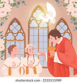 Children in the church during the first communion. The priest is holding bread. Vector illustration. A ceremony in the Christian tradition, a member of the church receives the Eucharist.