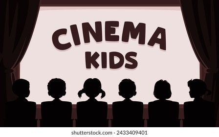 Children cinema, kids movie theater silhouette. Vector banner features little viewers entranced by a glowing screen, creating a magical atmosphere in the enchanting world of cinematography, rear view