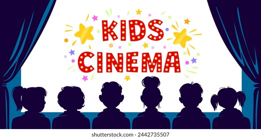 Children cinema, kids movie theater silhouette. Vector banner features little viewers sitting in row, rear view, entranced by a glowing colorful screen, in the enchanting world of cinematography