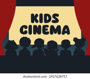 Kinder Kino, Kino Kinder Silhouetten. Vector Banner verfügt über begeisterte kleine Zuschauer von der Leinwand gefesselt, essen Pop-Mais und warten bezaubernde Cinematographie-Performance, Rückansicht