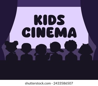 Children cinema, movie theater kid silhouettes. Vector banner with excited little viewers captivated by glowing screen and magical atmosphere of anticipation in world of cinematography, rear view