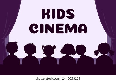 Children cinema silhouette, kids movie theater. Vector banner with playful little viewer figures watching movies in a cinema, filled with joy, popcorn, and enchanting tales on the big screen rear view