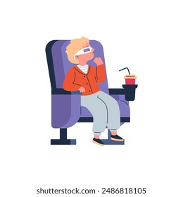 Niños en el cine. Ilustración vectorial: un niño con gafas 3D sentado en un cine con bebidas y viendo una película con interés. Imagen aislada sobre un fondo blanco