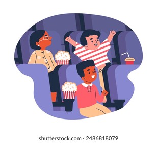 Children in the cinema. Vector illustration: Boys and girls sitting in the cinema with drinks and popcorn watching a movie. Image isolated on a white background