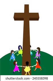 Children circle around a cross.A group of children circle around a cross