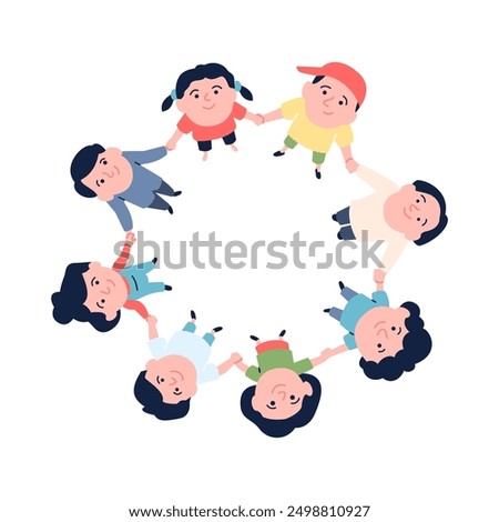 Children in circle look up and holding hands. Flat kids in round dance, kindergarten or preschool group. Happy girls and boys, cartoon recent vector scene