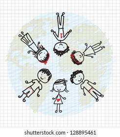 Children in the circle over lines background