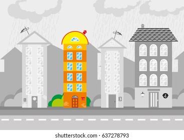 Children cityscape street with colorful and gray houses. Vector illustration.