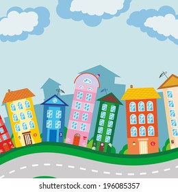 Children cityscape street with colorful houses. Vector illustration.