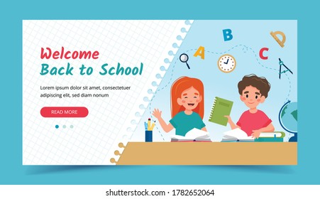 Children in class, back to school concept. Banner or landing page template. Vector illustration in flat style