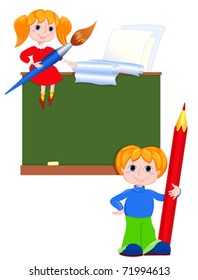 Children in the class. The boy with a pencil and the girl with a brush. Vector illustration.