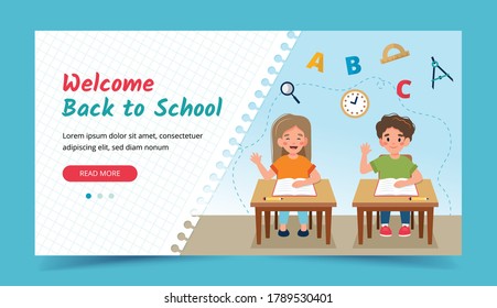 Niños en clase en los escritorios, volviendo al concepto escolar. Plantilla de la página de inicio o de la pancarta. Ilustración vectorial en estilo plano