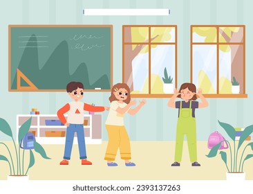 Children in class quarrel. Cute kids bad behavior, bullying and abuse. Aggressive schoolmates, toddlers in kindergarten, vector scene