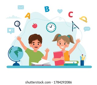Children in class reading, back to school concept, cute characters. Vector illustration in flat style