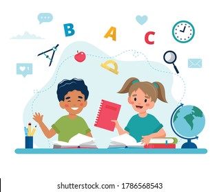 Children in class reading, back to school concept, cute characters. Vector illustration in flat style