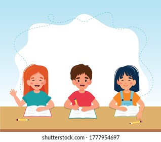 Children in class reading and writing, back to school concept, cute characters. Vector illustration in flat style
