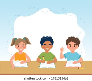 Children in class reading and writing, back to school concept. Vector illustration in flat style