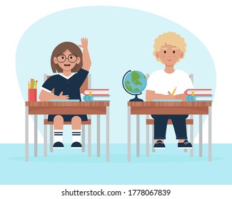 Kinder im Unterricht, am Tisch. Zurück zum Schulkonzept. Vektorgrafik in Flachstil