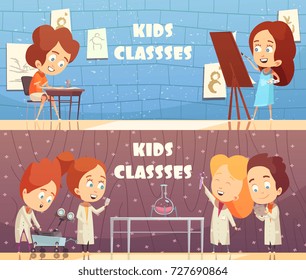 Children classes horizontal banners with cartoon kids painting in studio and making chemistry experiment in laboratory vector illustration