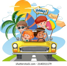 Children in classic car with holiday theme illustration