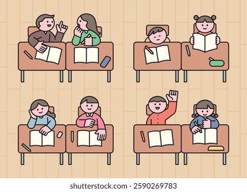 Children in a classroom engaged in different activities like reading, writing, and discussing. Flat vector illustration of students studying in school.