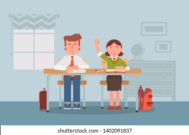 Children in classroom flat vector illustration. Schoolboy and schoolgirl in uniform cartoon characters. Diligent elementary school pupils, exemplary students. Classmates at lesson, girl raising hand