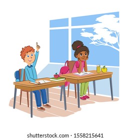 Children in classroom flat vector illustration. Schoolboy and schoolgirl in uniform cartoon characters. Diligent elementary school pupils, exemplary students. Classmates at lesson, boy raising hand