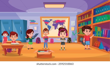 Children in the classroom, Group of children engaged In Playful activities, school activity concept illustration